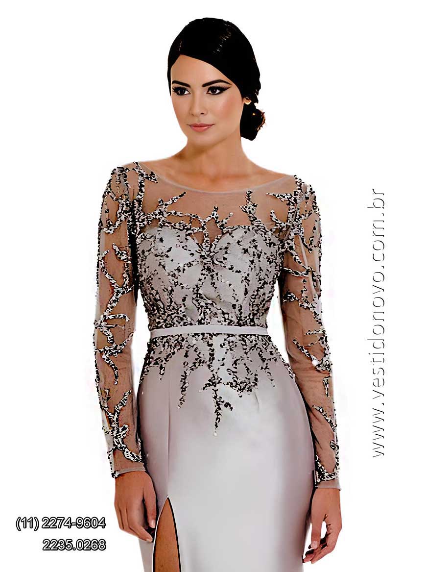 vestido para bodas de prata, plus size, com manga comprida, brilho e pedraria